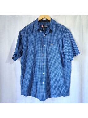 Chaps Shirt Men's Large Short Sleeve Button Up Blue Windowpane Easy Care